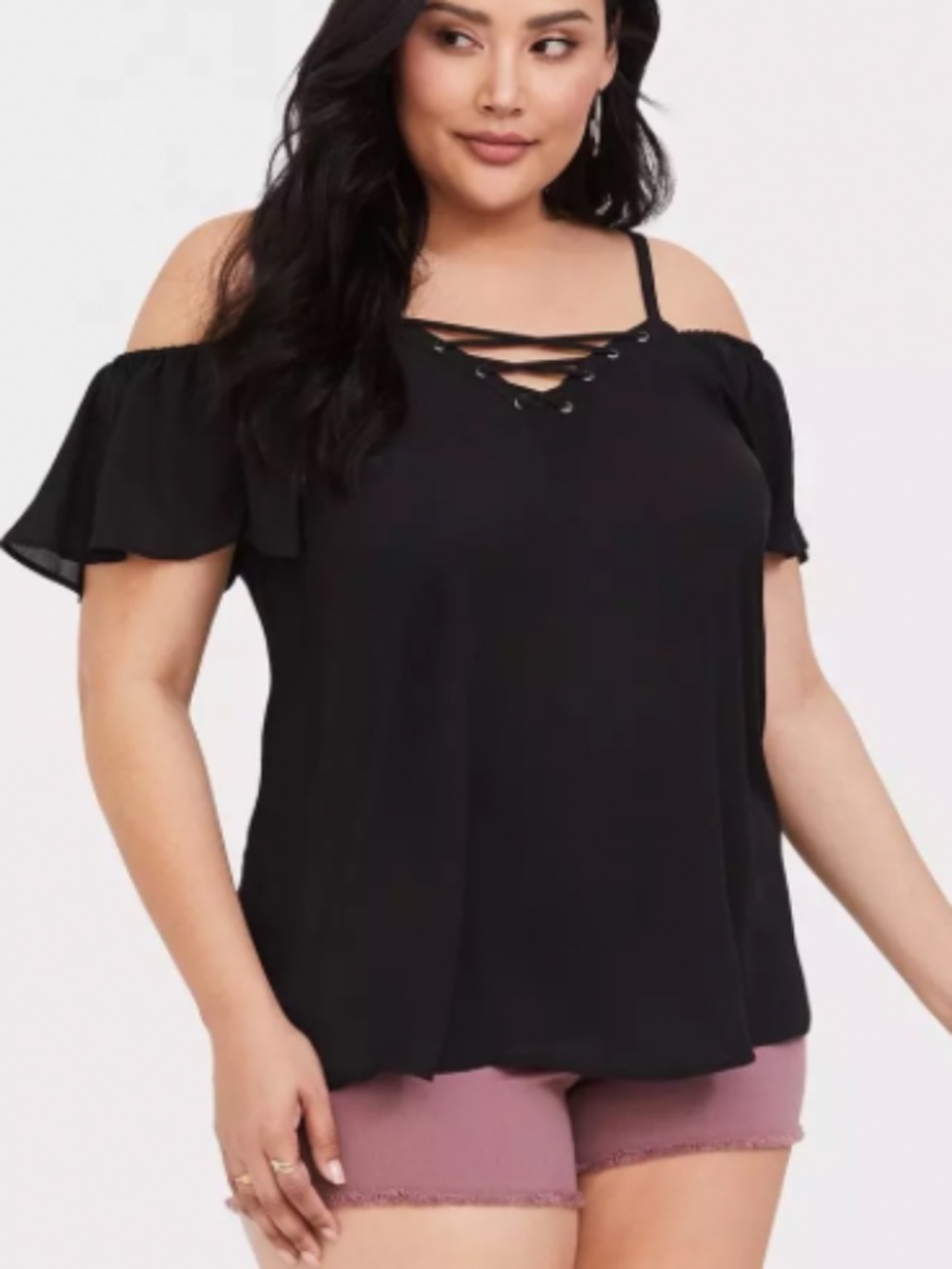 Torrid Georgette Lace-Up Cold Shoulder Blouse NWT 3X Brown